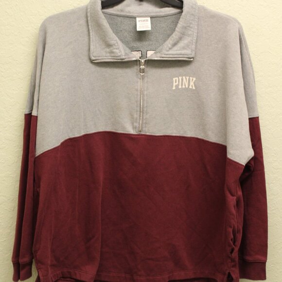 PINK Victoria's Secret Sweater Women's XL Gray Burgundy Half Zip - Picture 1 of 13
